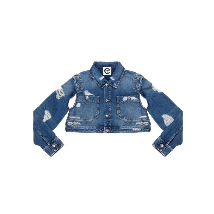 Cropped Detachable Jean Jacket - Distressed Blue
